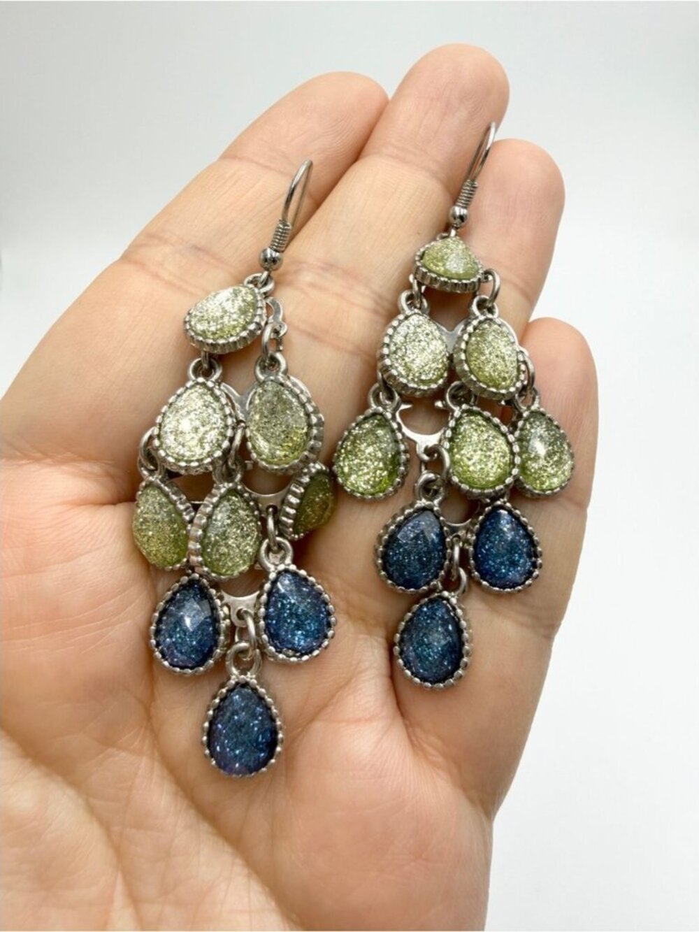 Green and Blue Teardrop Dangle Earrings - Sparkling Multicolor Chandelier